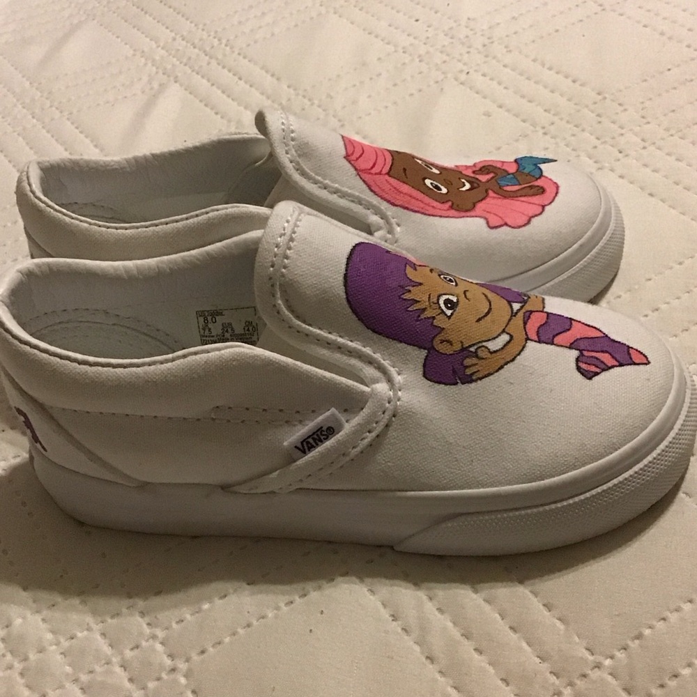 Vans Kids White Slip-On Sneakers with Cartoon Characters